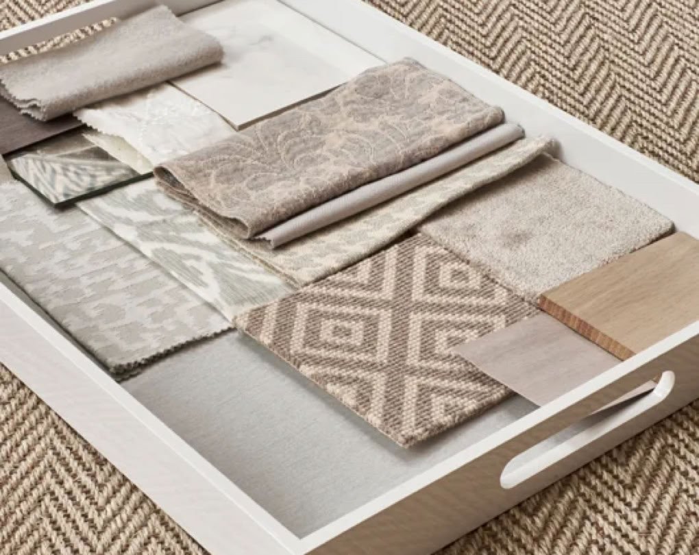 Studio 28 Interio Design Wellington Zealand. Creating wow interiors that are easy on the eye.Selection of neutral fabrics on white tray